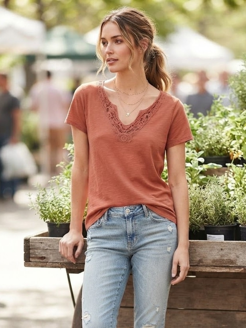 LOFT Outlet Terracotta Cotton Tee Shirt Top Crochet Trim V-Neck Size S